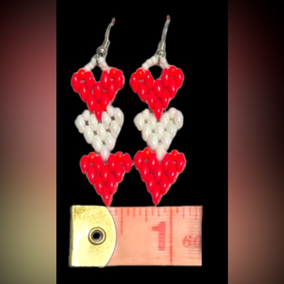 Hand-Beaded Red & White Triple Heart Glass Earrings Made with Love by GrandmaMia - Picture 3 of 4